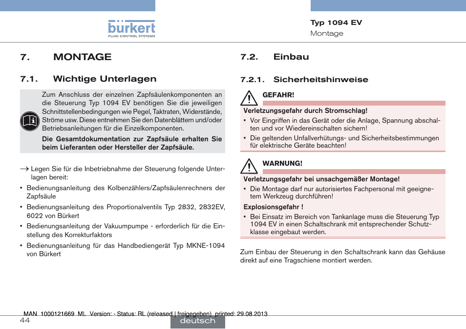 Montage, Wichtige unterlagen 7.2. einbau, Montage 7 | Burkert Type 1094 User Manual | Page 44 / 82