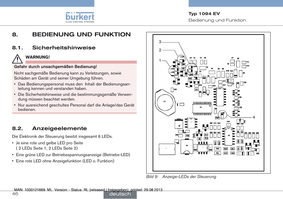 Bedienung und funktion, Sicherheitshinweise 8.2. anzeigeelemente, Bedienung und funktion 8 | Burkert Type 1094 User Manual | Page 46 / 82
