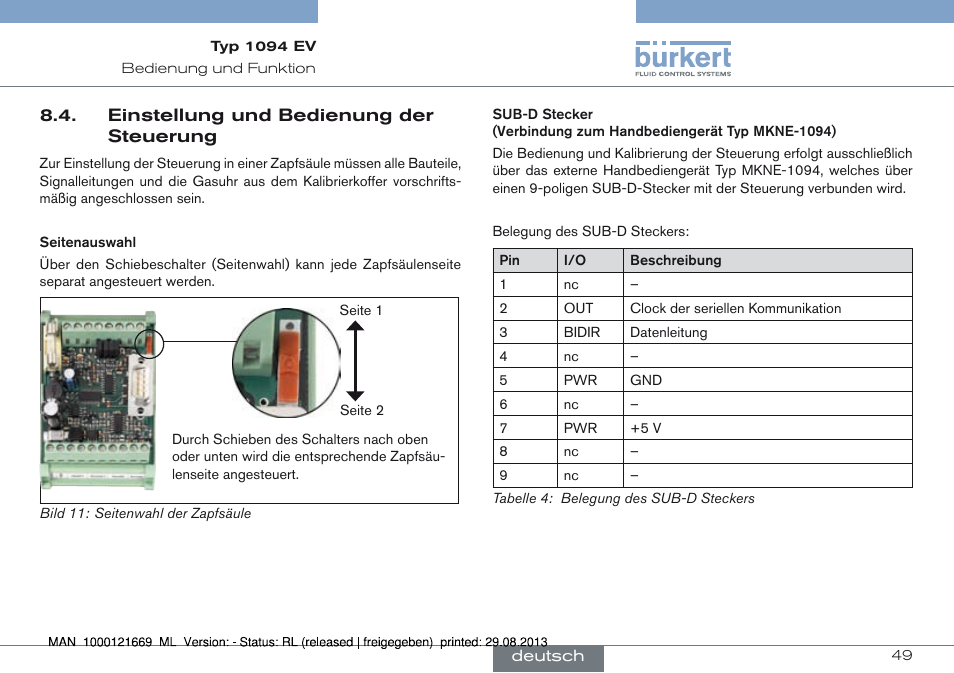 Einstellung und bedienung der steuerung | Burkert Type 1094 User Manual | Page 49 / 82