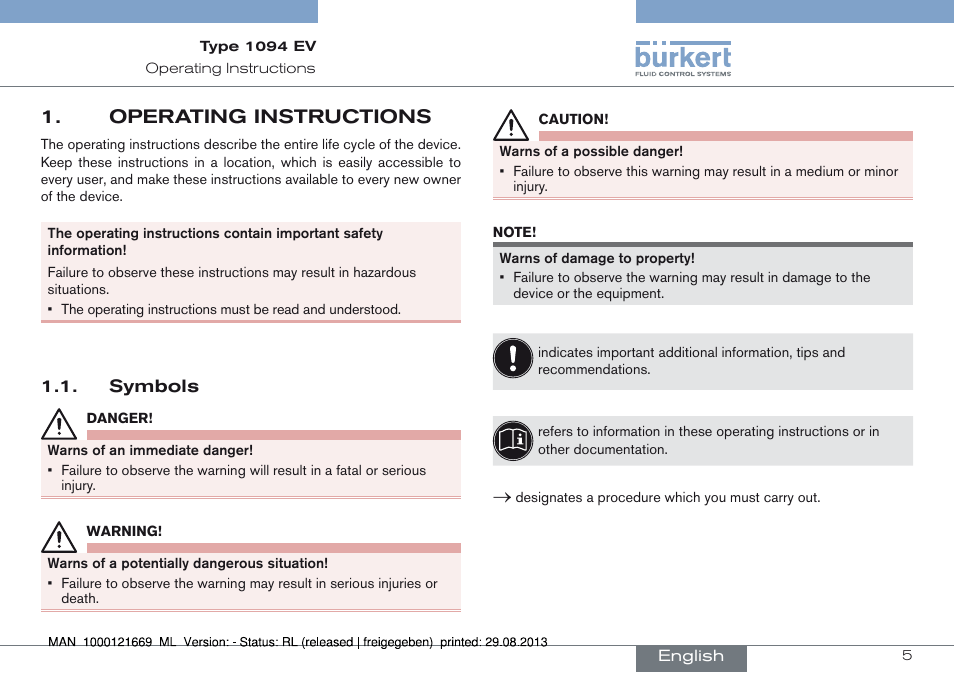 Operating instructions, Symbols, Operating instructions 1 | Burkert Type 1094 User Manual | Page 5 / 82