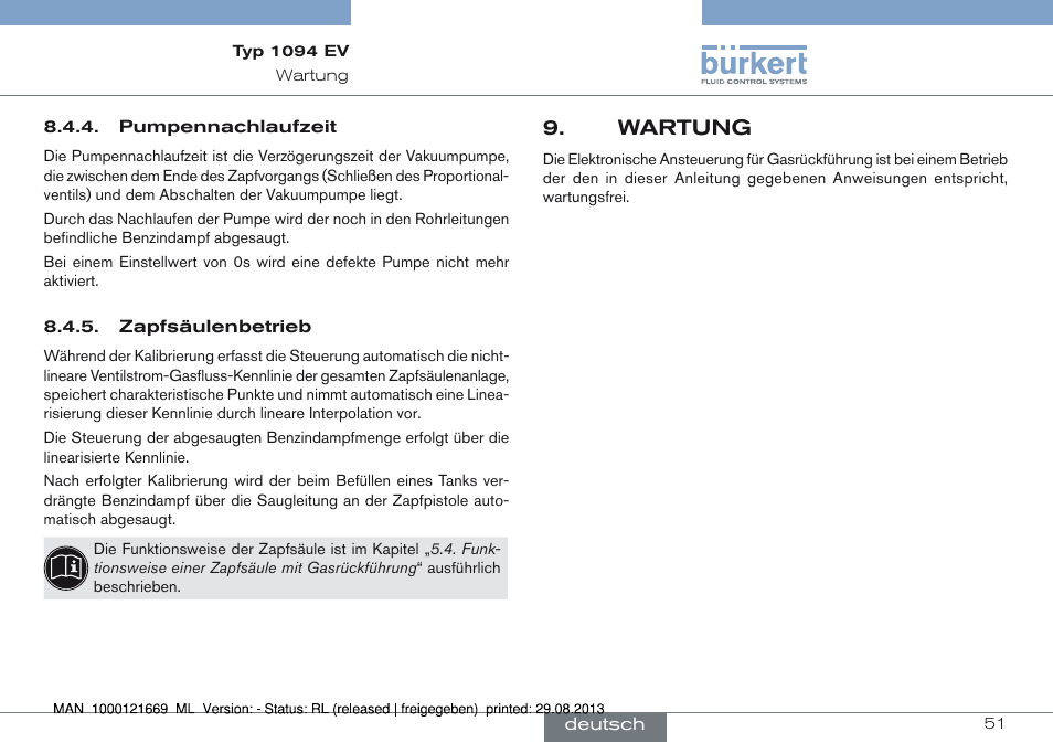 Wartung, Wartung 9 | Burkert Type 1094 User Manual | Page 51 / 82