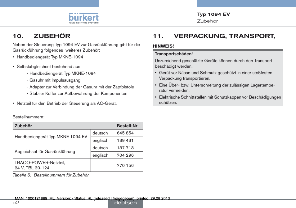 Zubehör, Zubehör 10, Verpackung, transport, 11 | Burkert Type 1094 User Manual | Page 52 / 82