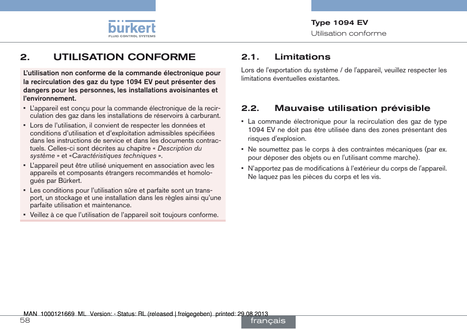 Utilisation conforme, Limitations 2.2. mauvaise utilisation prévisible, Utilisation conforme 2 | Burkert Type 1094 User Manual | Page 58 / 82