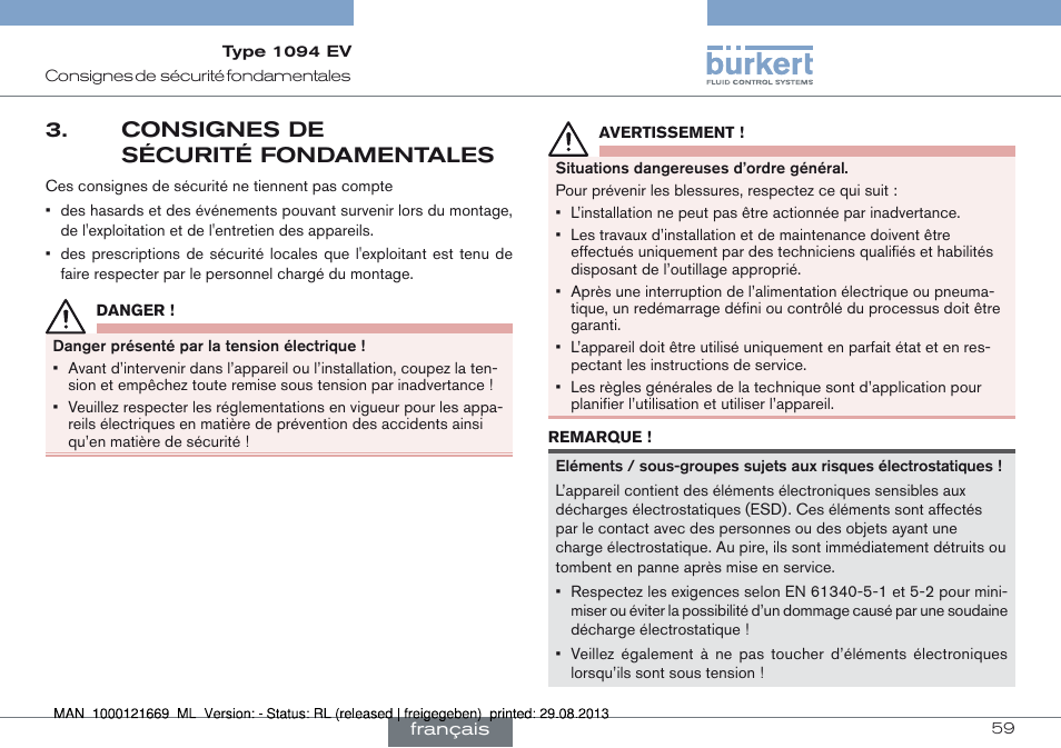 Consignes de sécurité fondamentales, Consignes de 3. sécurité fondamentales | Burkert Type 1094 User Manual | Page 59 / 82