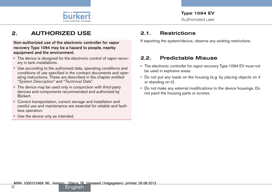 Authorized use, Restrictions 2.2. predictable misuse, Authorized use 2 | Burkert Type 1094 User Manual | Page 6 / 82
