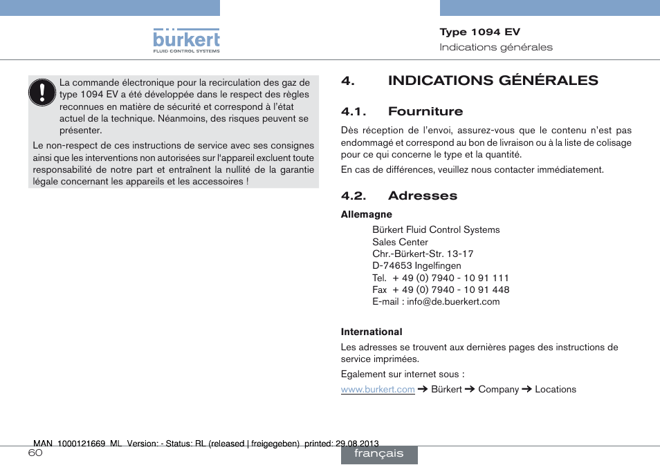 Indications générales, Fourniture 4.2. adresses, Indications générales 4 | Burkert Type 1094 User Manual | Page 60 / 82