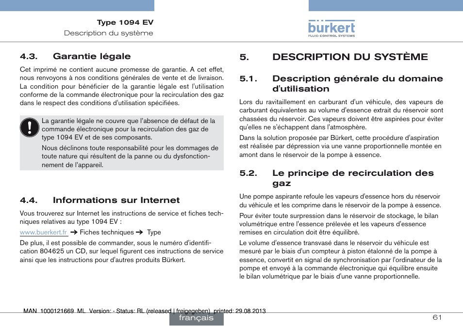 Garantie légale 4.4. informations sur internet, Description du système | Burkert Type 1094 User Manual | Page 61 / 82