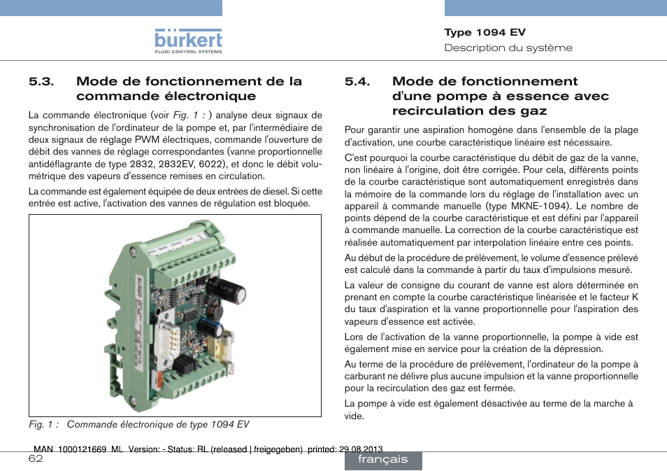 Mode de fonctionnement de la commande, Électronique, Mode de fonctionnement d'une pompe à essence | Avec recirculation des gaz | Burkert Type 1094 User Manual | Page 62 / 82