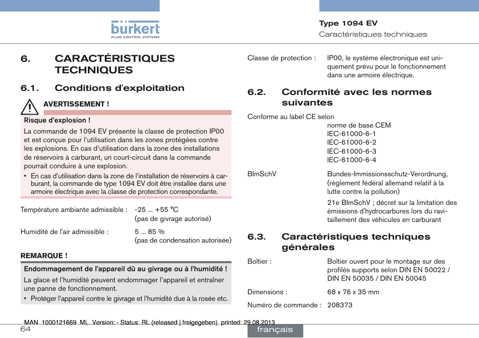 Caractéristiques techniques | Burkert Type 1094 User Manual | Page 64 / 82