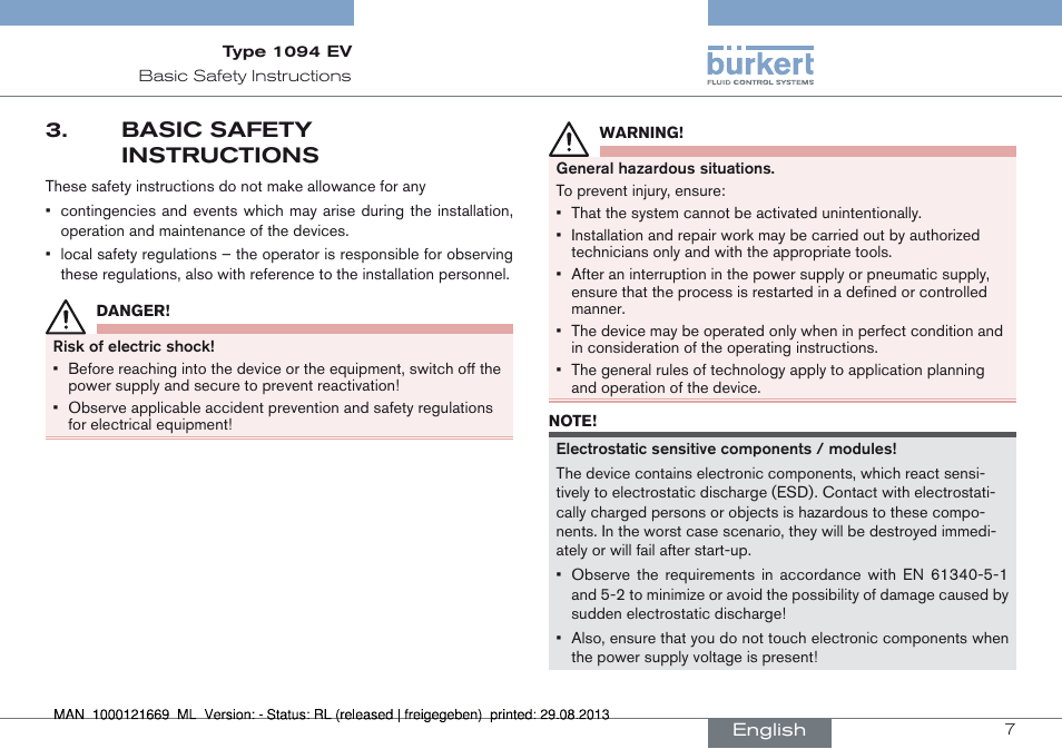 Basic safety instructions, Basic safety 3. instructions | Burkert Type 1094 User Manual | Page 7 / 82