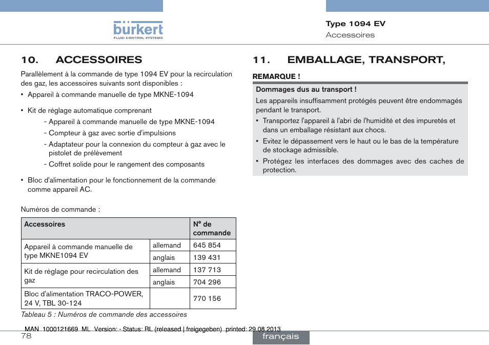 Accessoires, Emballage, transport, Accessoires 10 | Emballage, transport, 11 | Burkert Type 1094 User Manual | Page 78 / 82