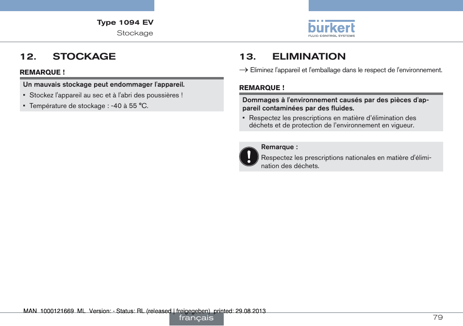 Stockage, Elimination, Stockage 12 | Elimination 13 | Burkert Type 1094 User Manual | Page 79 / 82