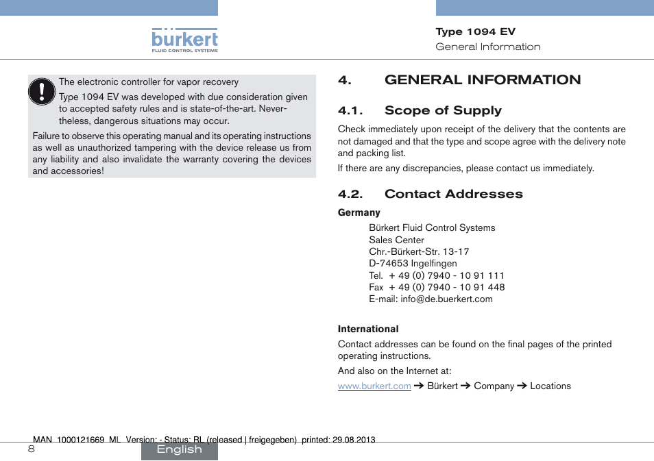 General information, Scope of supply 4.2. contact addresses, General information 4 | Burkert Type 1094 User Manual | Page 8 / 82