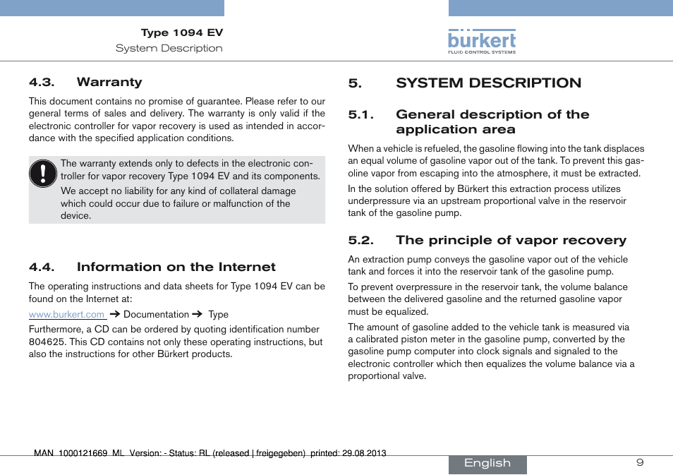 Warranty 4.4. information on the internet, System description | Burkert Type 1094 User Manual | Page 9 / 82