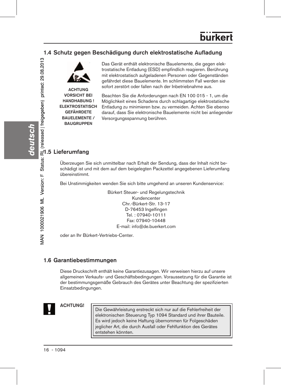 Deutsch, 6 garantiebestimmungen 1.5 lieferumfang | Burkert Type 1094 User Manual | Page 18 / 41