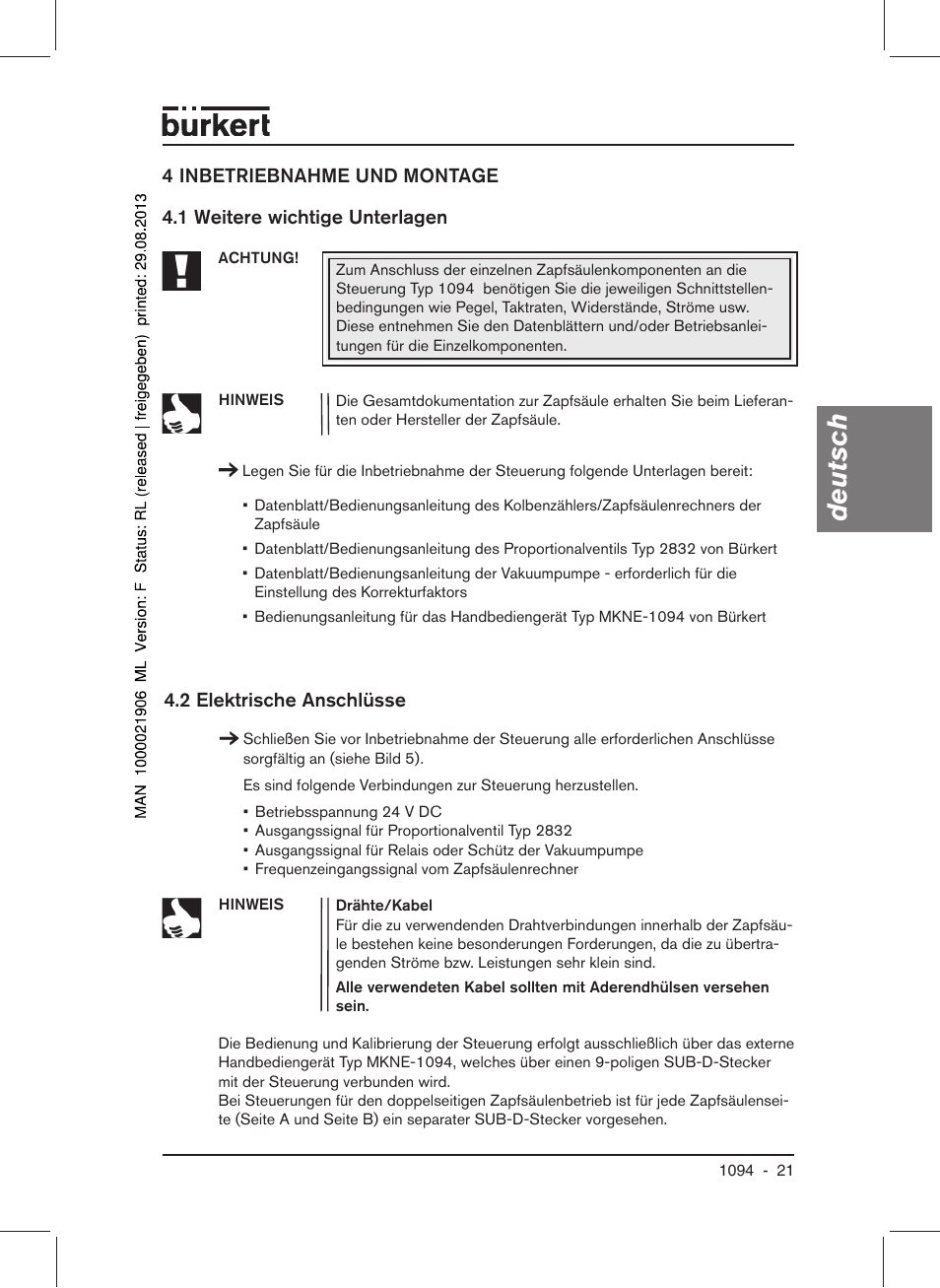 Deutsch, 2 elektrische anschlüsse | Burkert Type 1094 User Manual | Page 23 / 41