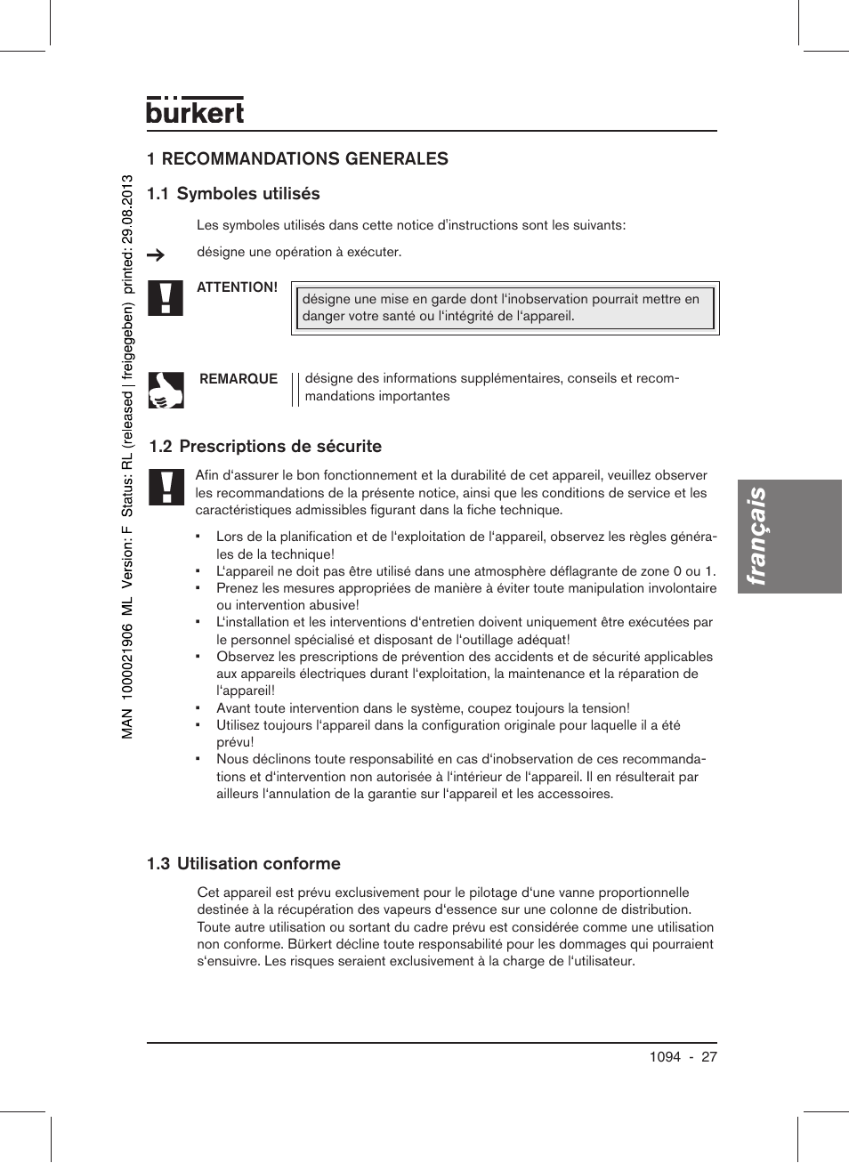 Français | Burkert Type 1094 User Manual | Page 29 / 41
