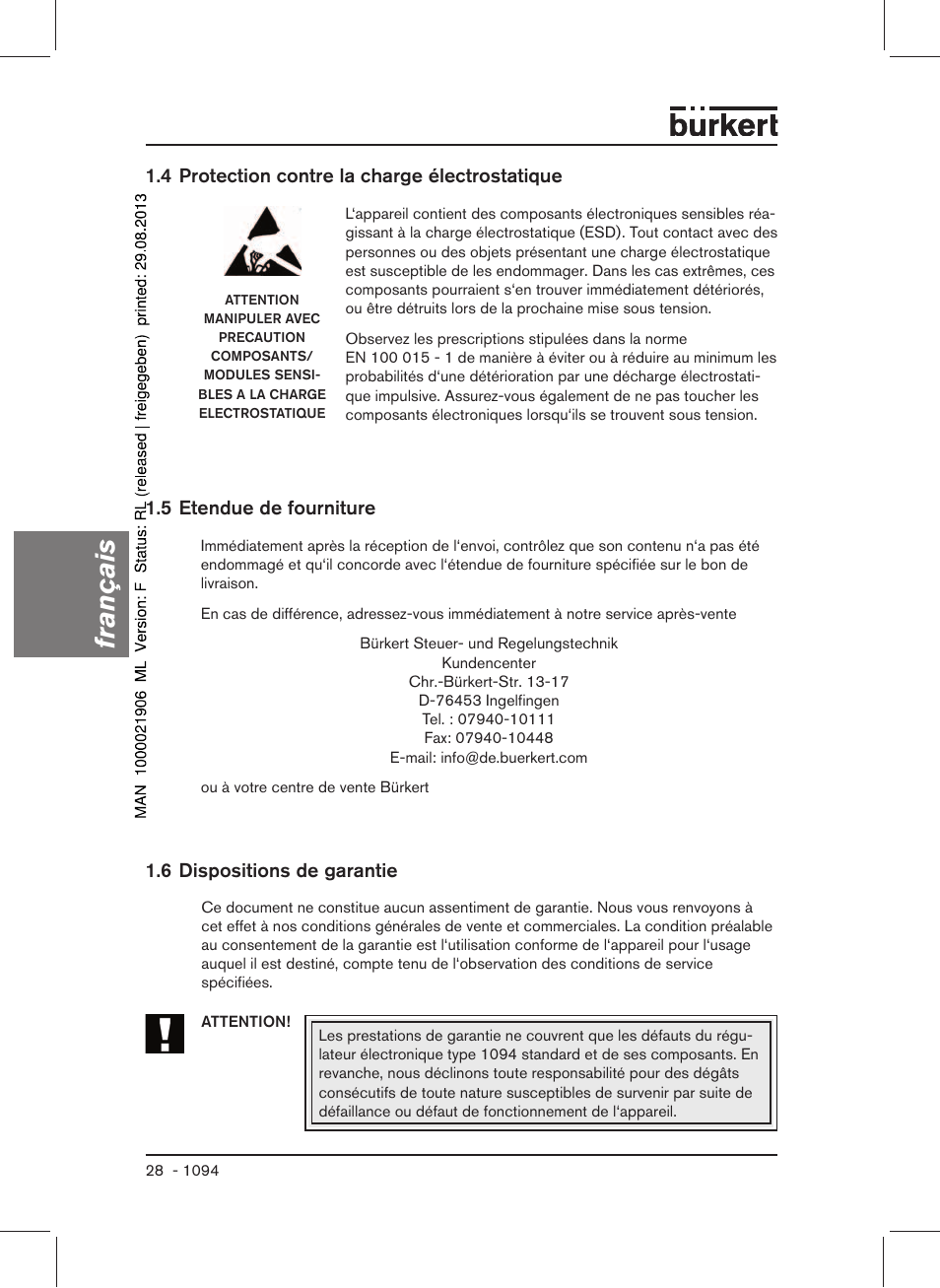 Fran çais | Burkert Type 1094 User Manual | Page 30 / 41