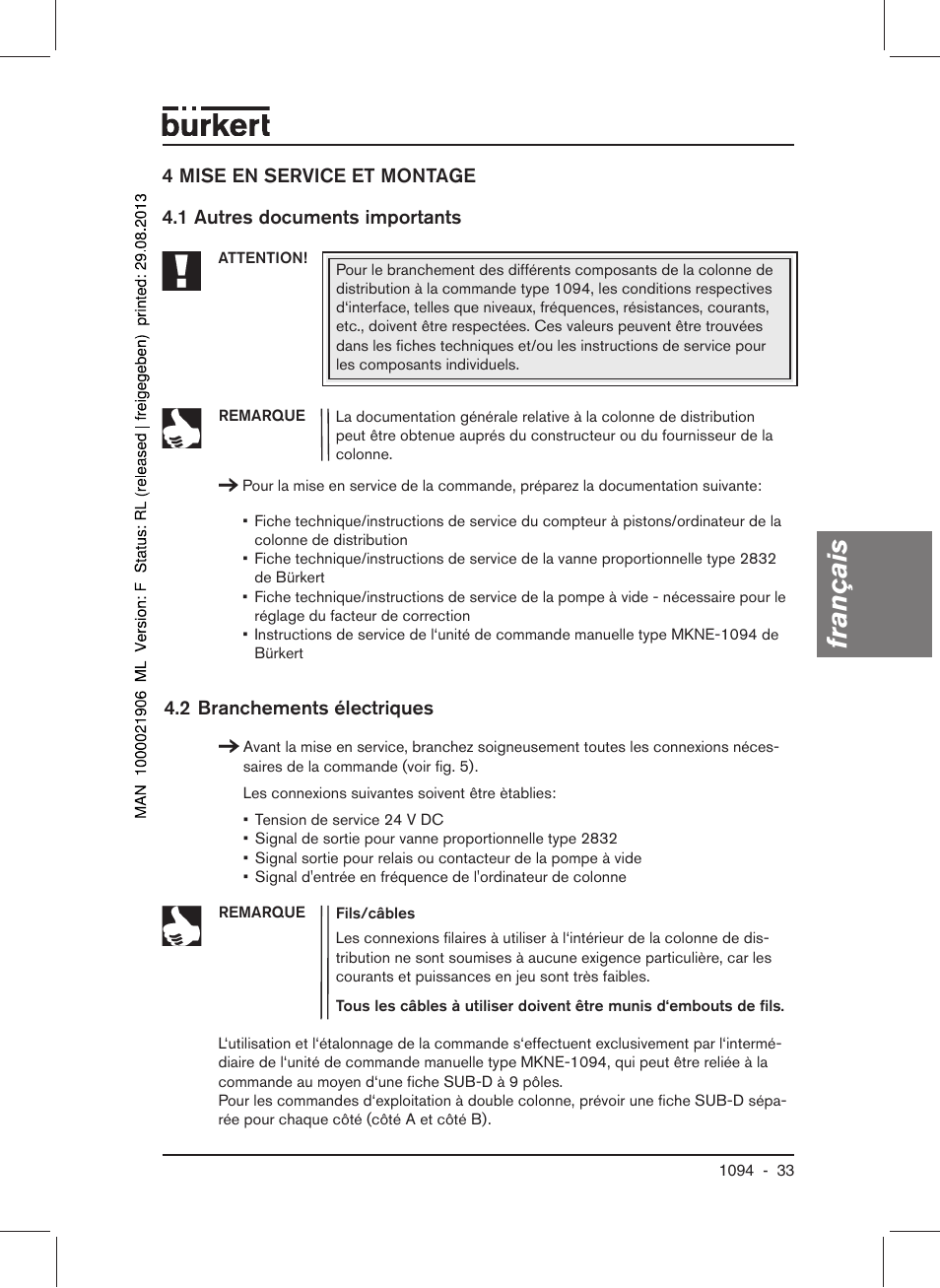 Français, 2 branchements électriques | Burkert Type 1094 User Manual | Page 35 / 41
