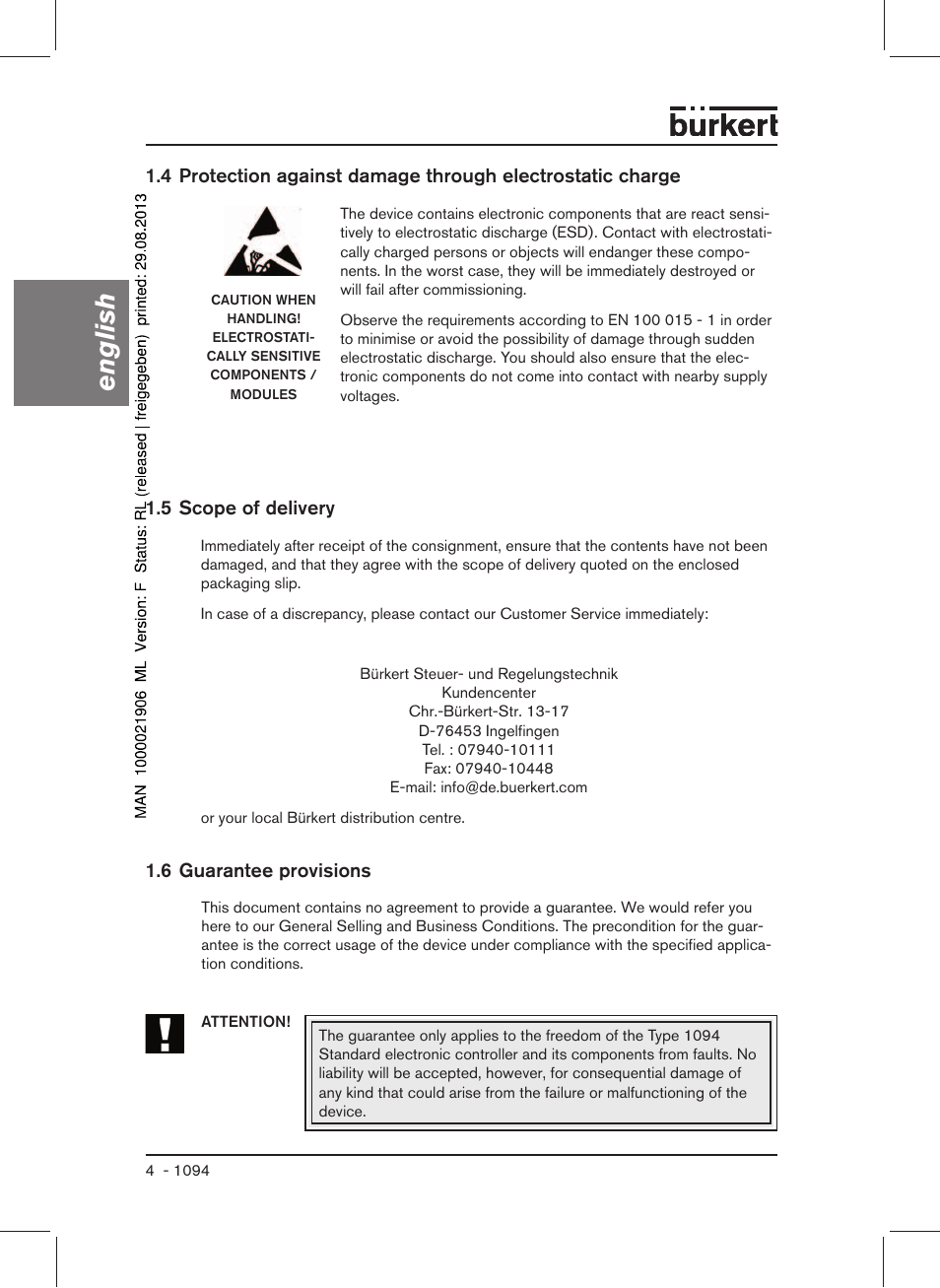 English, 6 guarantee provisions 1.5 scope of delivery | Burkert Type 1094 User Manual | Page 6 / 41