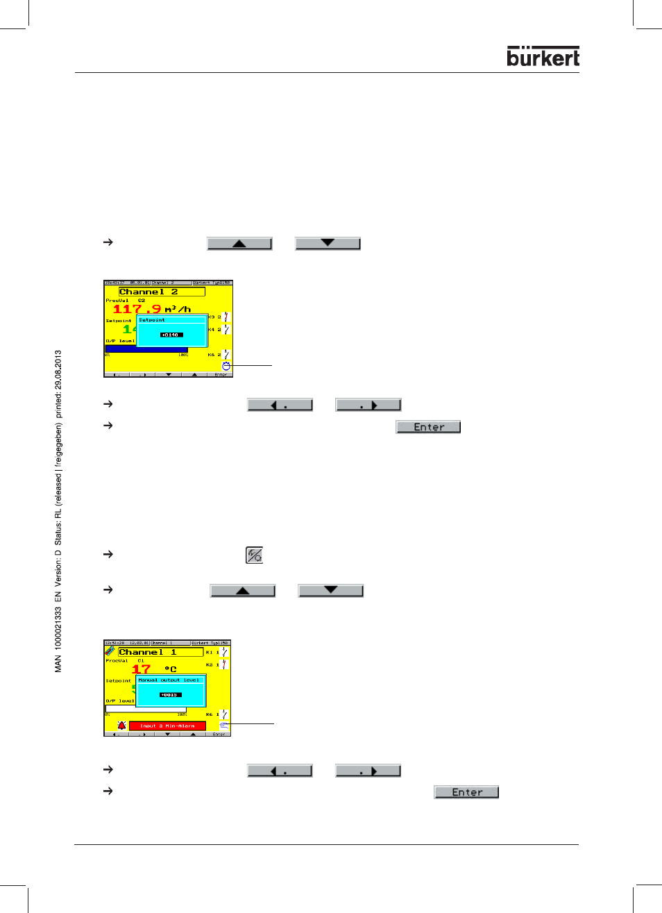 Operation “controller, Altering the setpoint, Manual mode | Burkert Type 1150 User Manual | Page 36 / 99