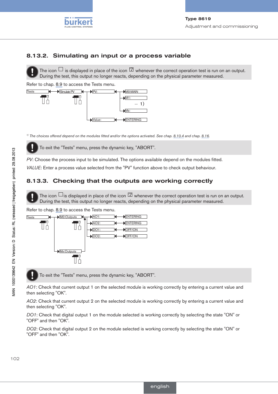 Simulating an input or a process variable, Checking that the outputs are working correctly | Burkert Type 8619 User Manual | Page 104 / 134