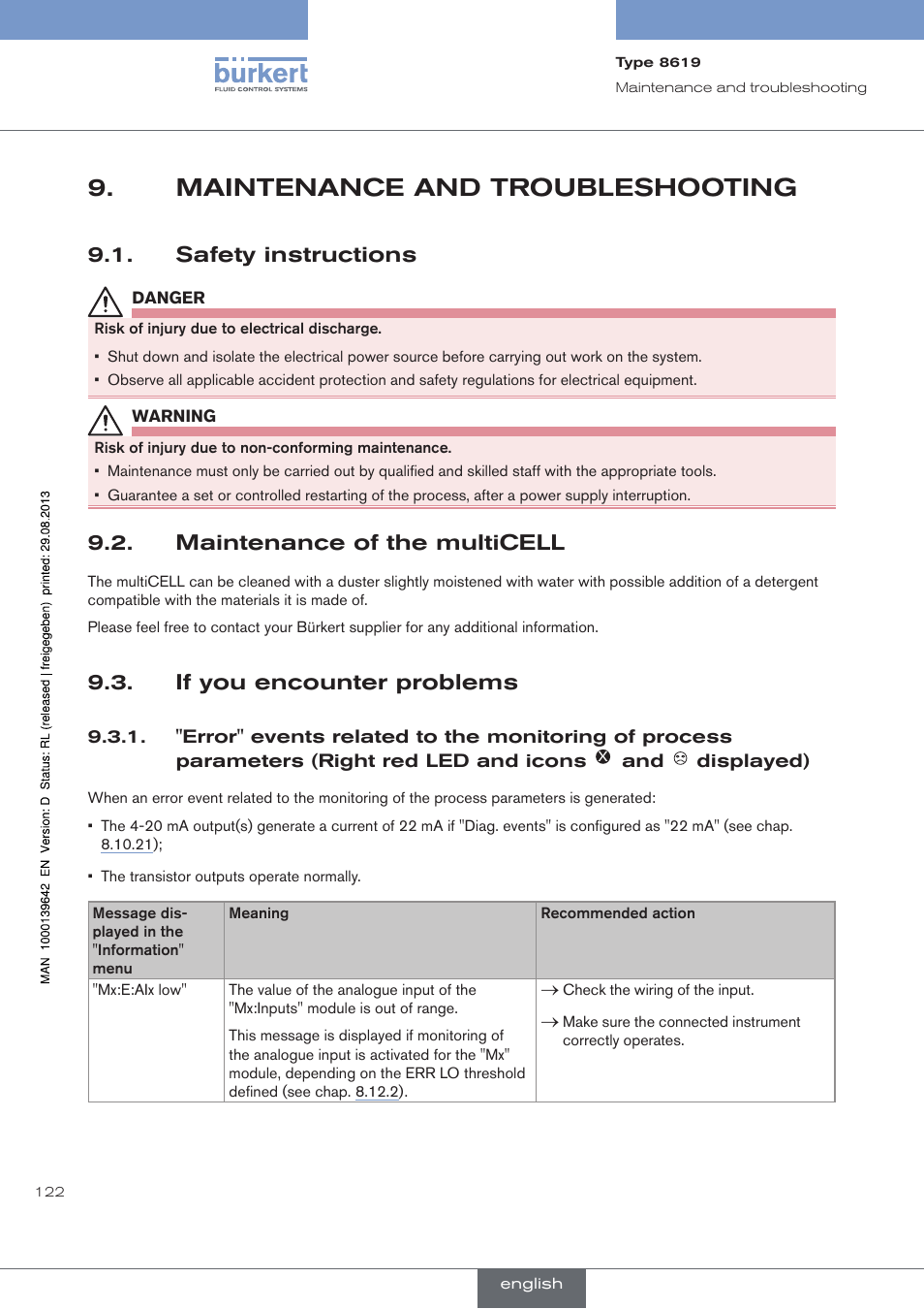 Maintenance and troubleshooting, Safety instructions, Maintenance of the multicell | If you encounter problems, Displayed) | Burkert Type 8619 User Manual | Page 124 / 134