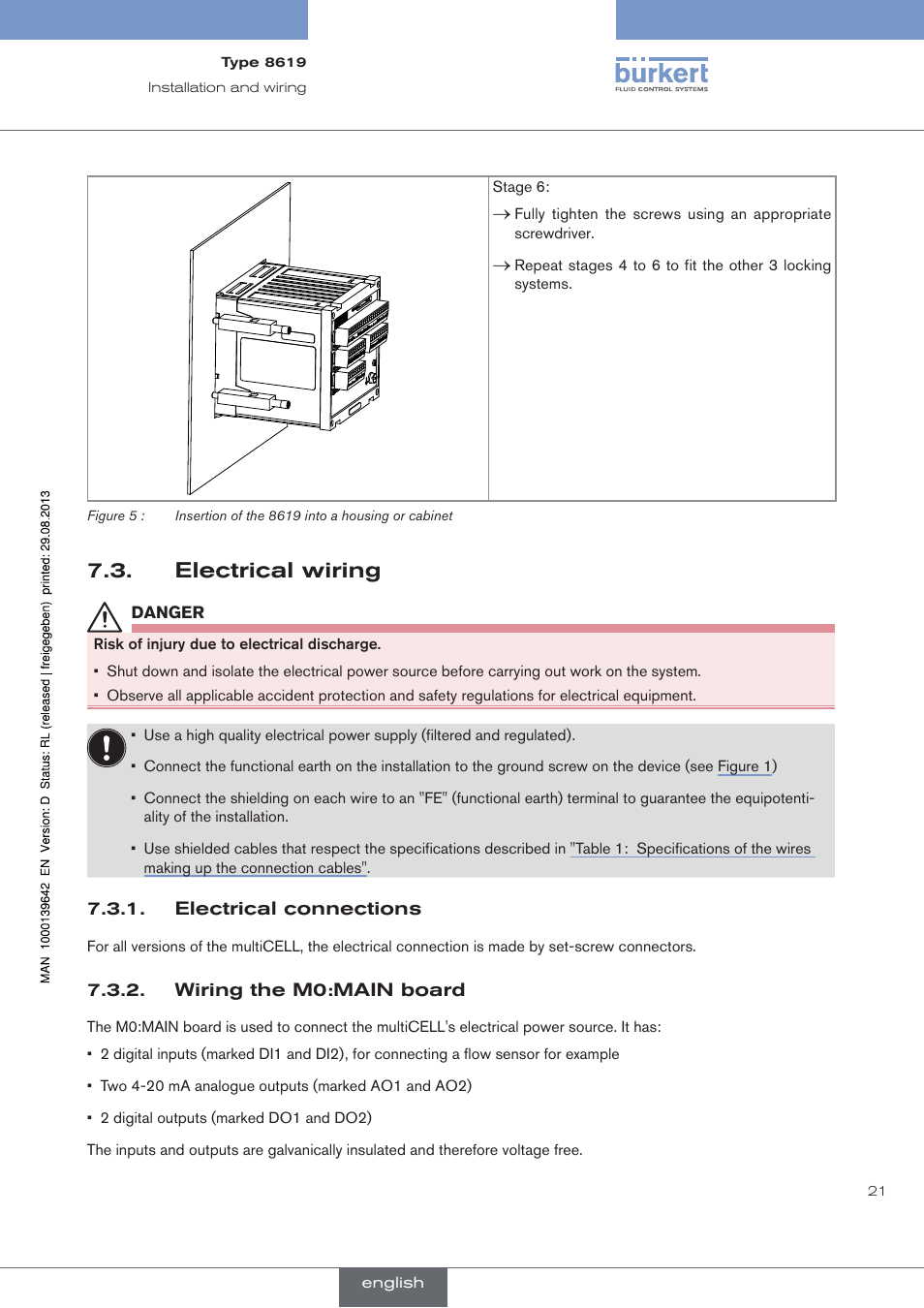 Electrical wiring, Electrical connections, Wiring the m0:main board | Burkert Type 8619 User Manual | Page 23 / 134