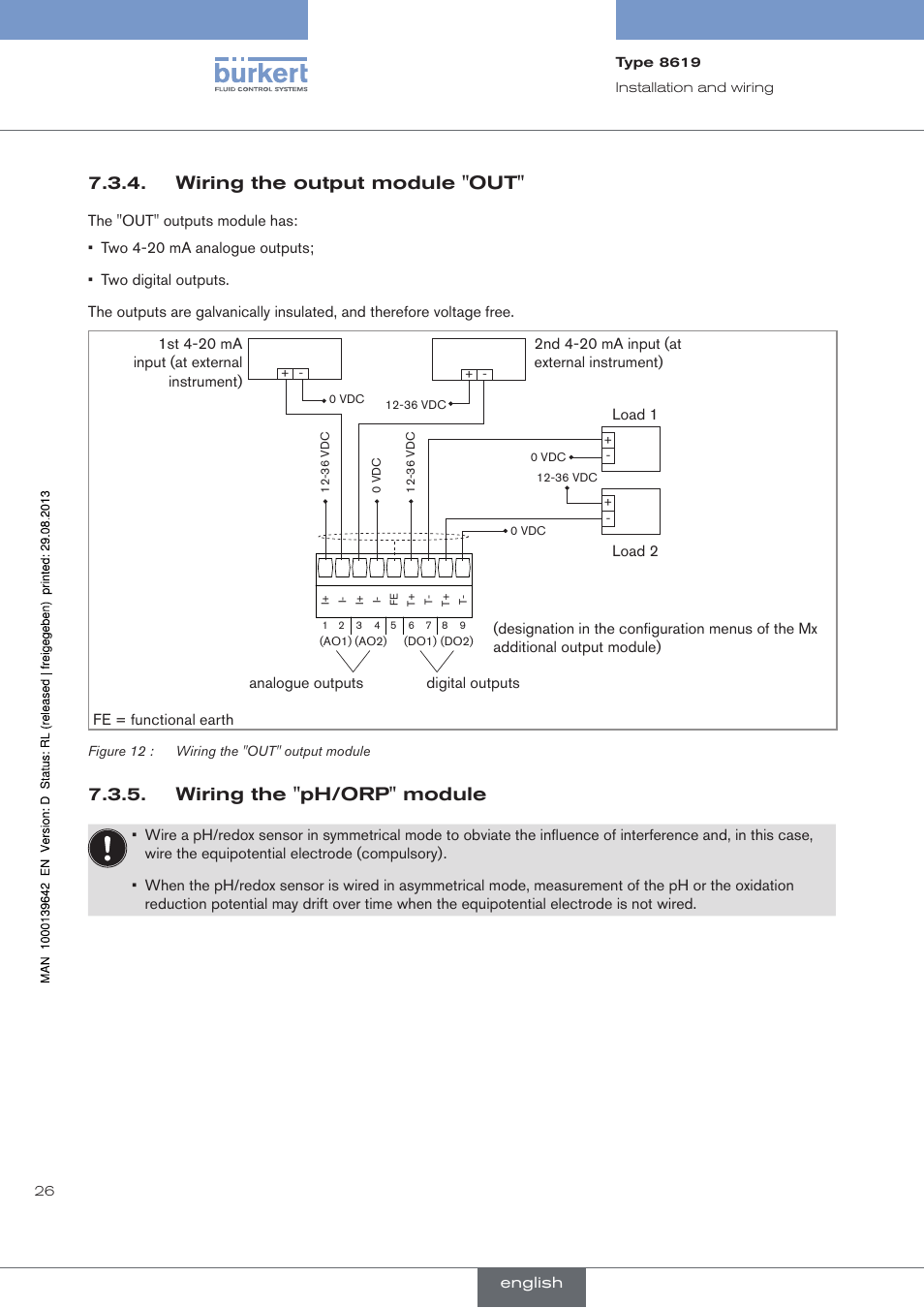 Wiring the output module "out, Wiring the "ph/orp" module | Burkert Type 8619 User Manual | Page 28 / 134