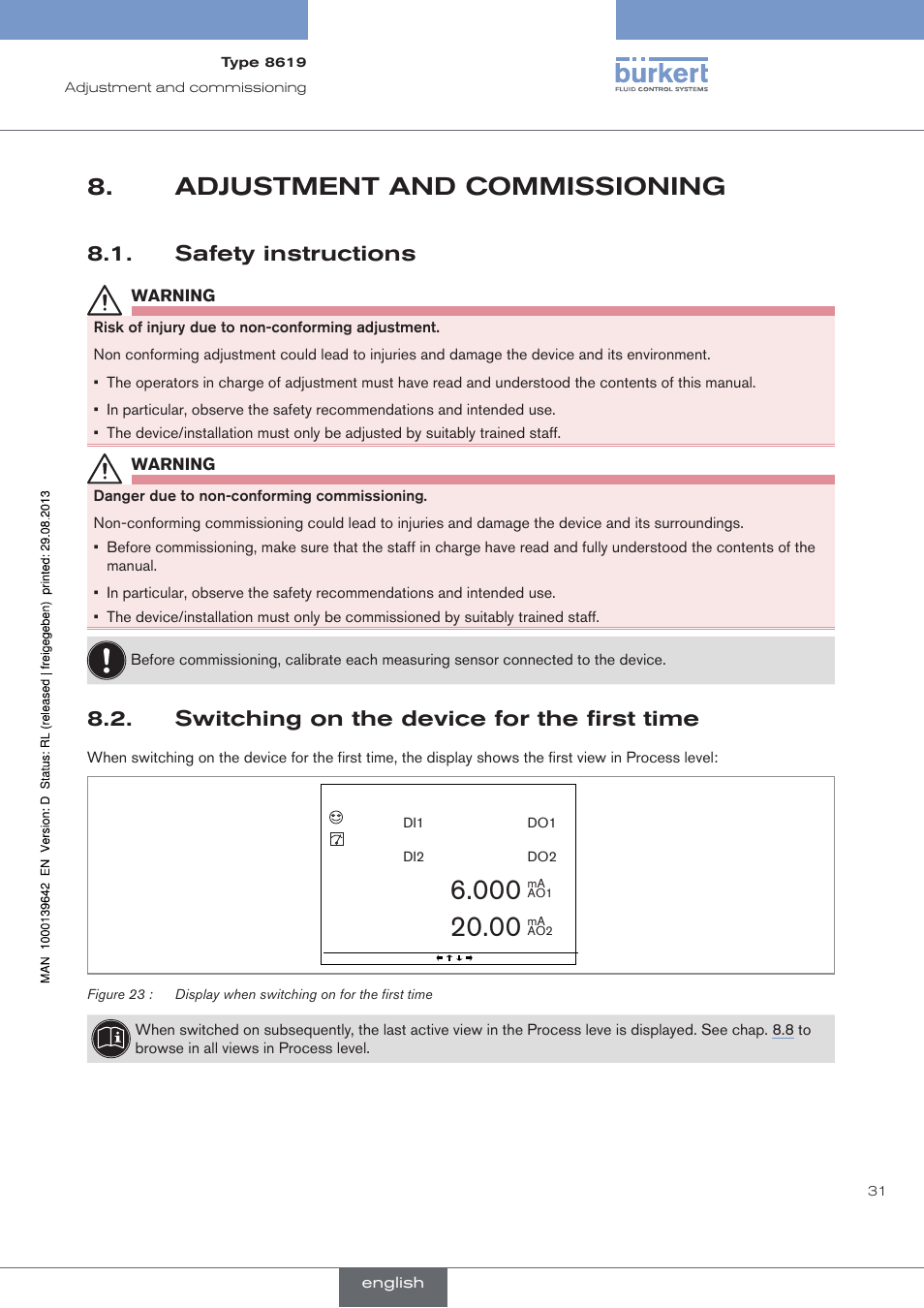 Adjustment and commissioning, Safety instructions, Switching on the device for the first time | Burkert Type 8619 User Manual | Page 33 / 134