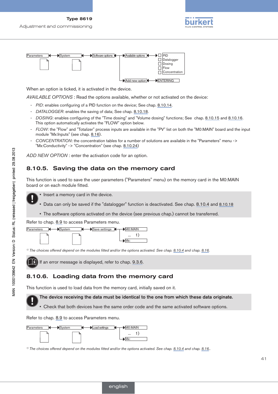 Saving the data on the memory card, Loading data from the memory card, English | Burkert Type 8619 User Manual | Page 43 / 134