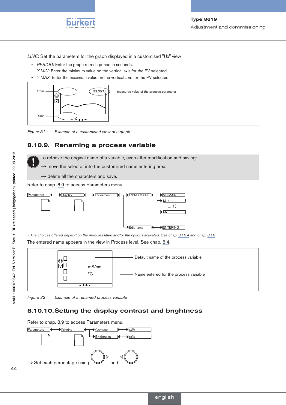 Renaming a process variable, Setting the display contrast and brightness | Burkert Type 8619 User Manual | Page 46 / 134