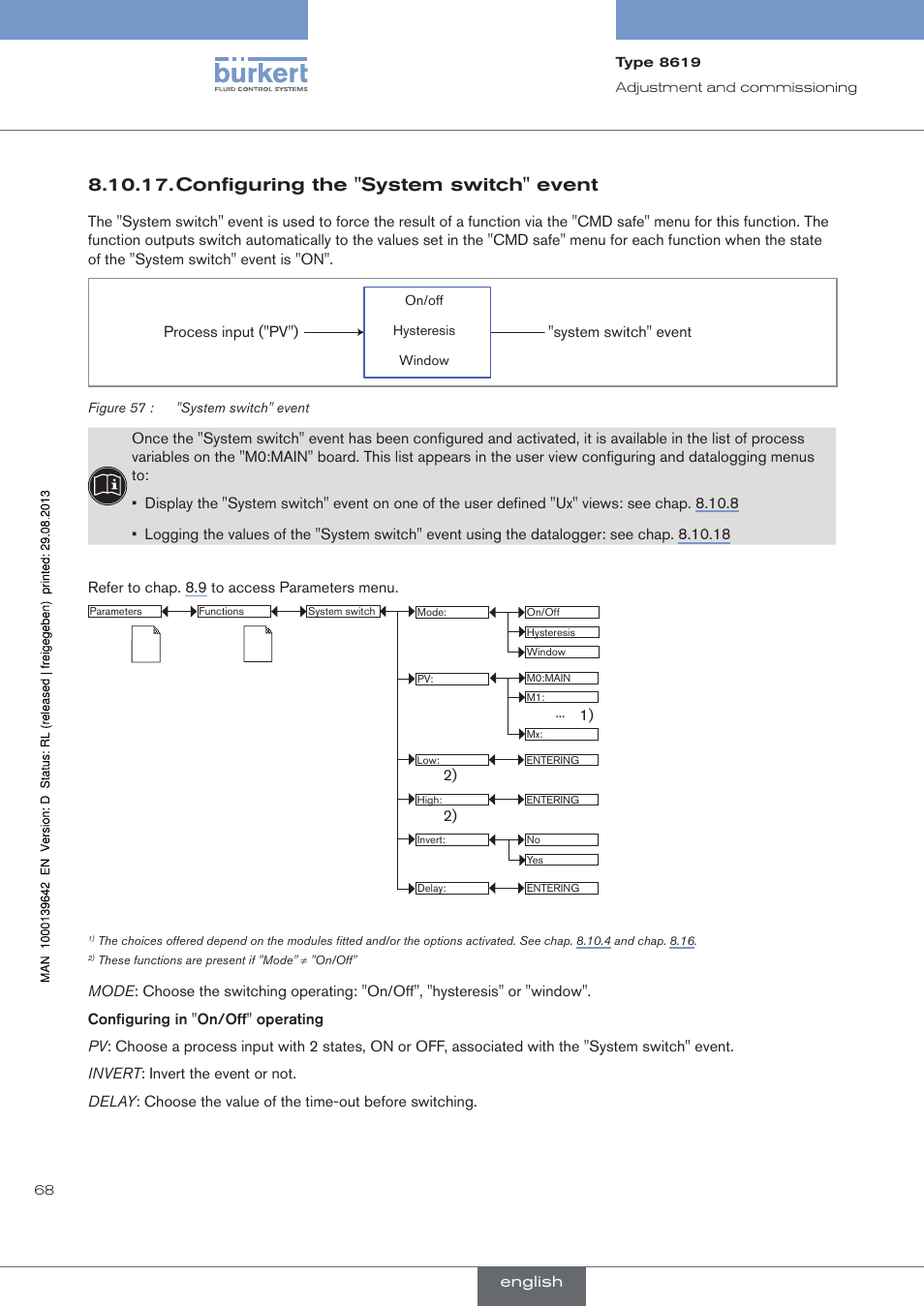 Configuring the "system switch" event | Burkert Type 8619 User Manual | Page 70 / 134