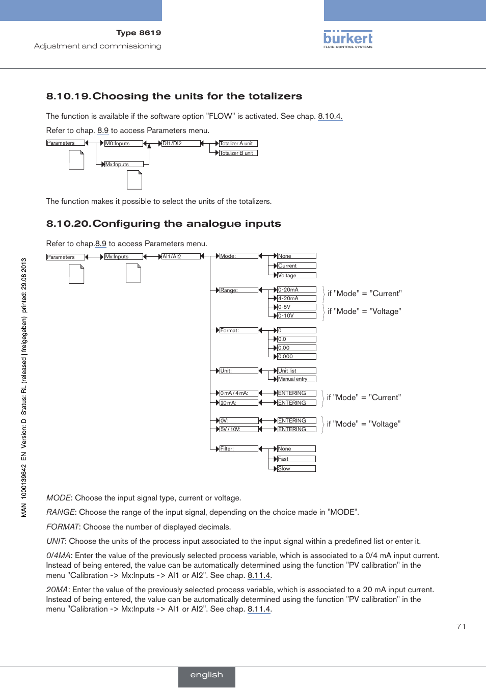 Choosing the units for the totalizers, Configuring the analogue inputs, Refer to chap.8.9 to access parameters menu | If "mode" = "current" if "mode" = "voltage, English | Burkert Type 8619 User Manual | Page 73 / 134