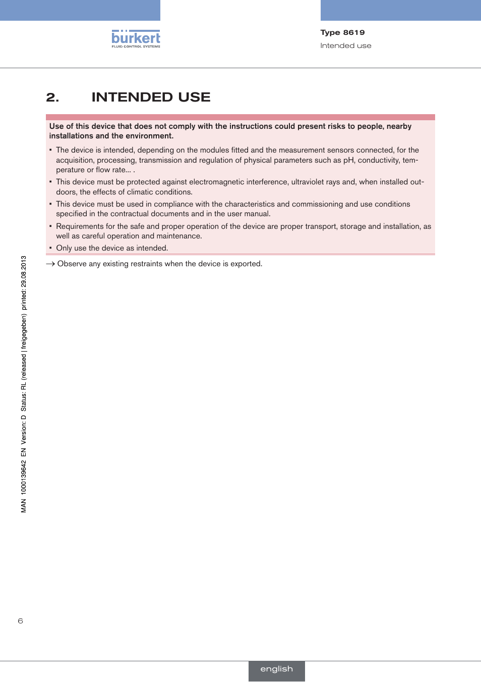 Intended use | Burkert Type 8619 User Manual | Page 8 / 134