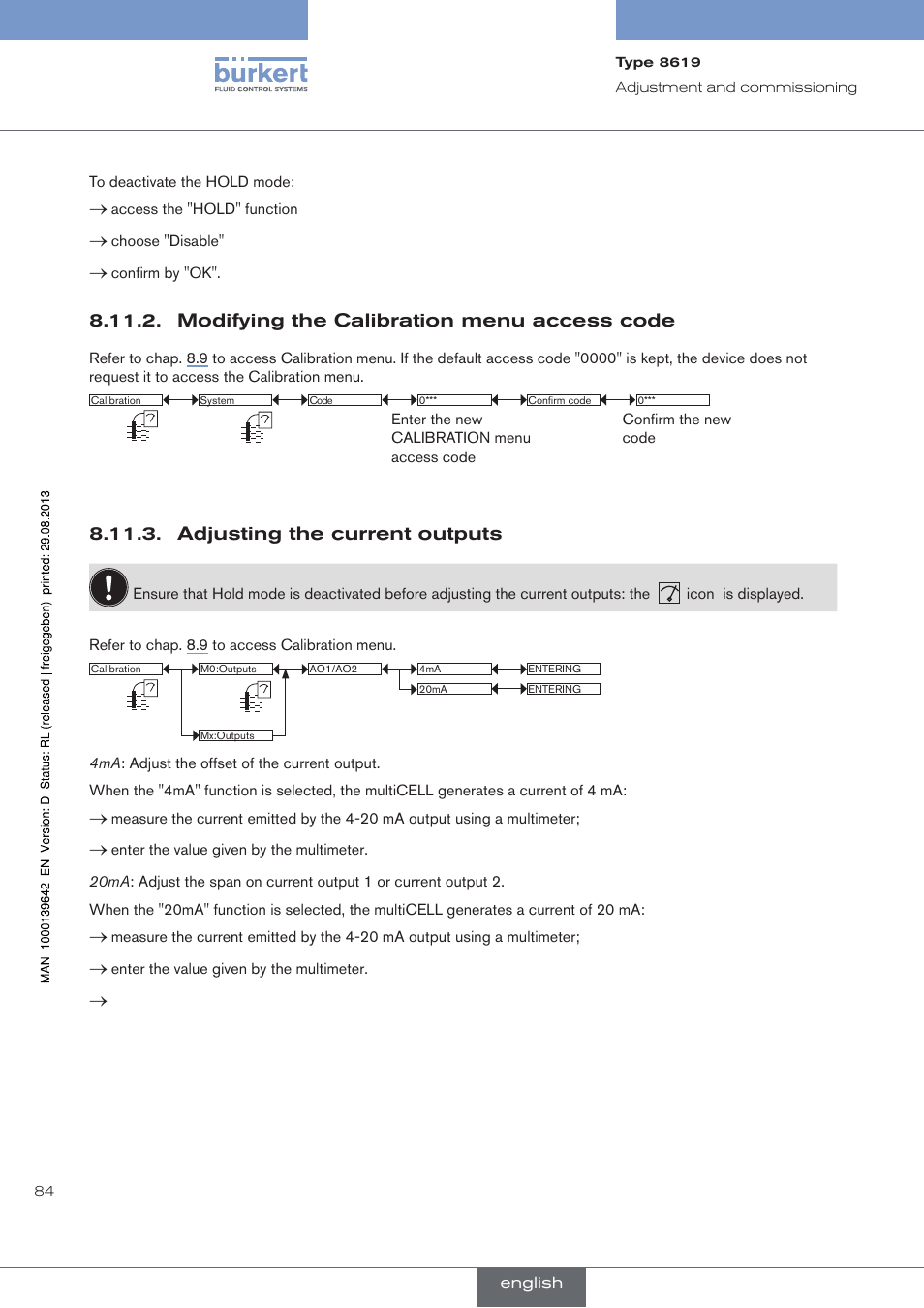 Modifying the calibration menu access code, Adjusting the current outputs | Burkert Type 8619 User Manual | Page 86 / 134