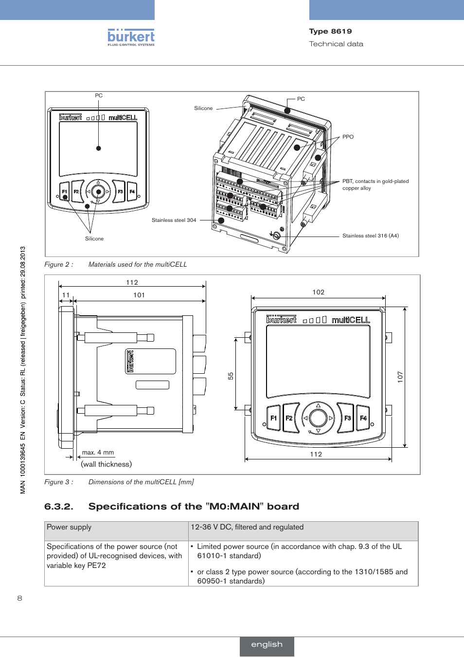 Specifications of the "m0:main" board | Burkert Type 8619 User Manual | Page 10 / 40