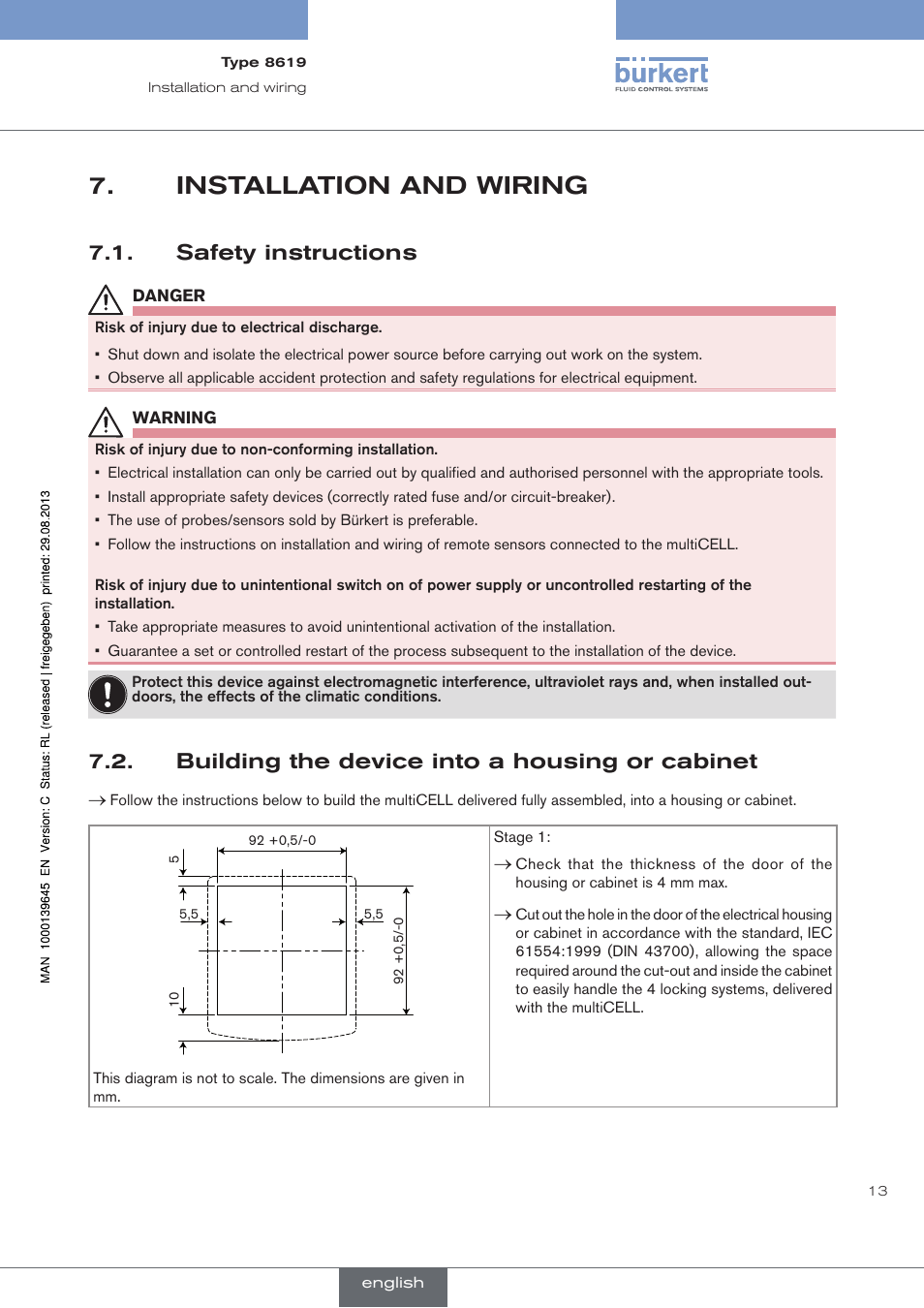 Installation and wiring, Safety instructions, Building the device into a housing or cabinet | Burkert Type 8619 User Manual | Page 15 / 40