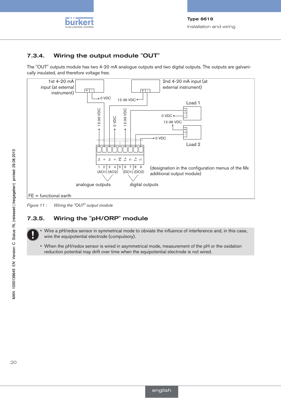 Wiring the output module "out, Wiring the "ph/orp" module | Burkert Type 8619 User Manual | Page 22 / 40