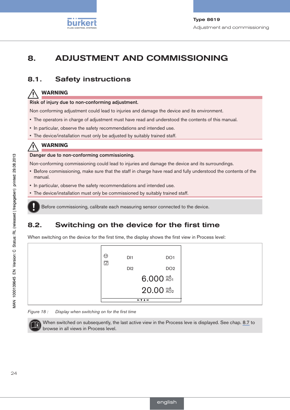 Adjustment and commissioning, Safety instructions, Switching on the device for the first time | Burkert Type 8619 User Manual | Page 26 / 40