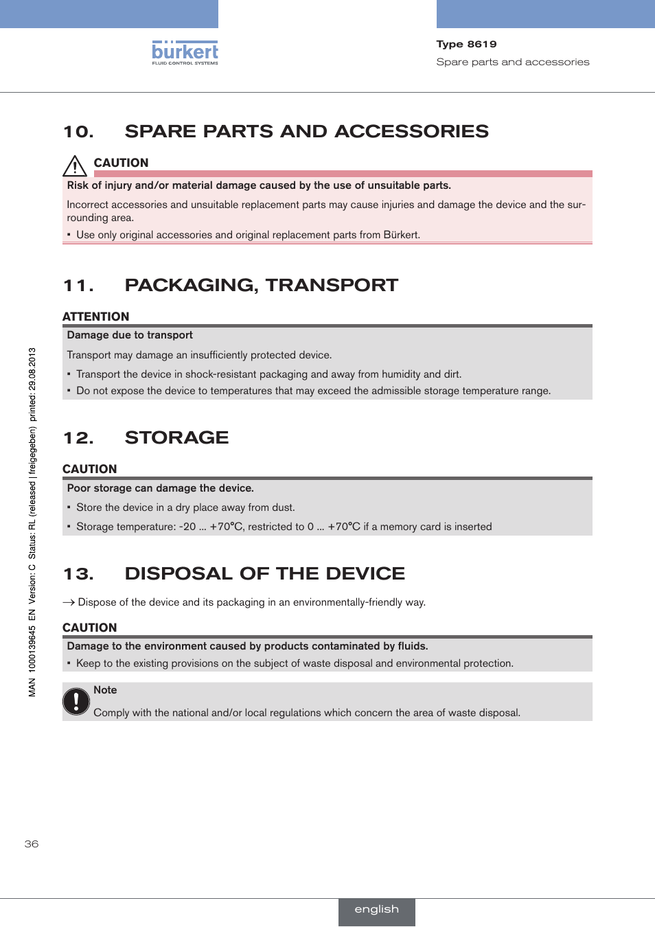 Spare parts and accessories, Packaging, transport, Storage | Disposal of the device | Burkert Type 8619 User Manual | Page 38 / 40