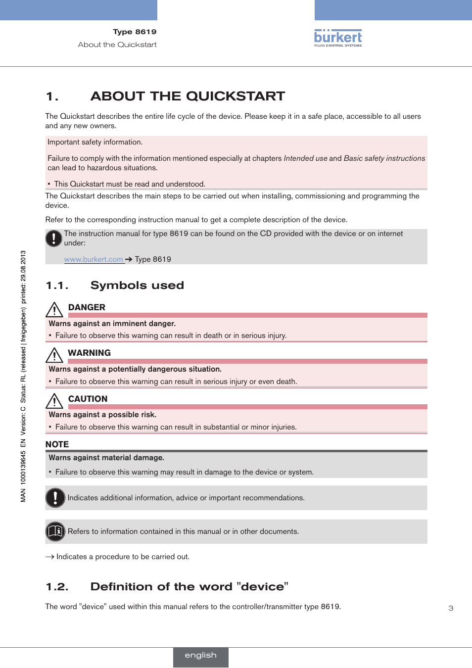 About the quickstart, Symbols used, Definition of the word "device | Burkert Type 8619 User Manual | Page 5 / 40