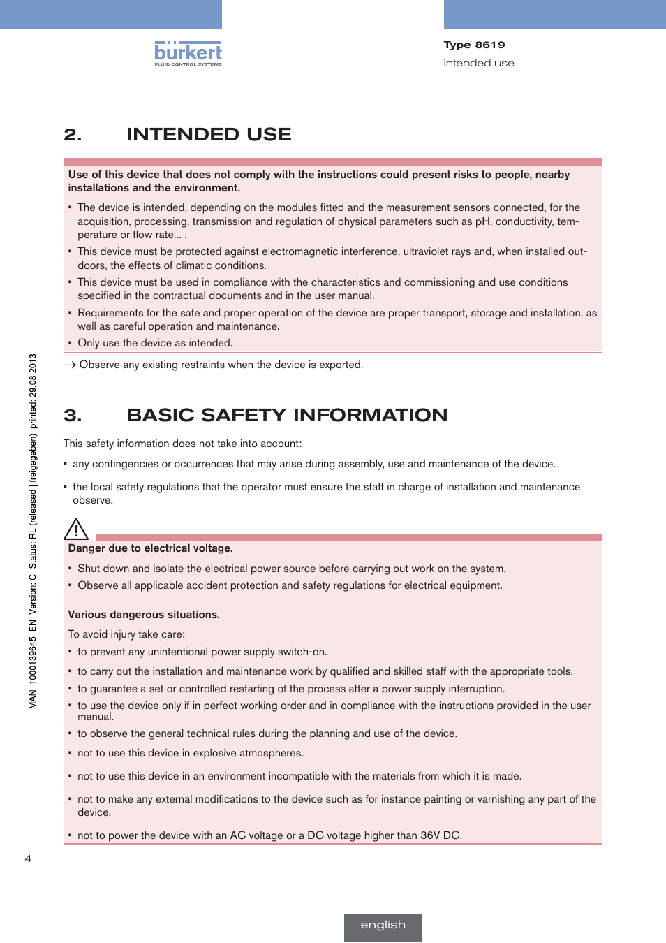 Intended use, Basic safety information | Burkert Type 8619 User Manual | Page 6 / 40