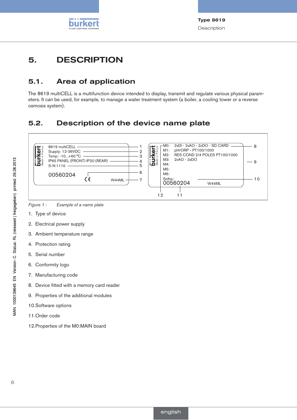 Description, Area of application, Description of the device name plate | Burkert Type 8619 User Manual | Page 8 / 40
