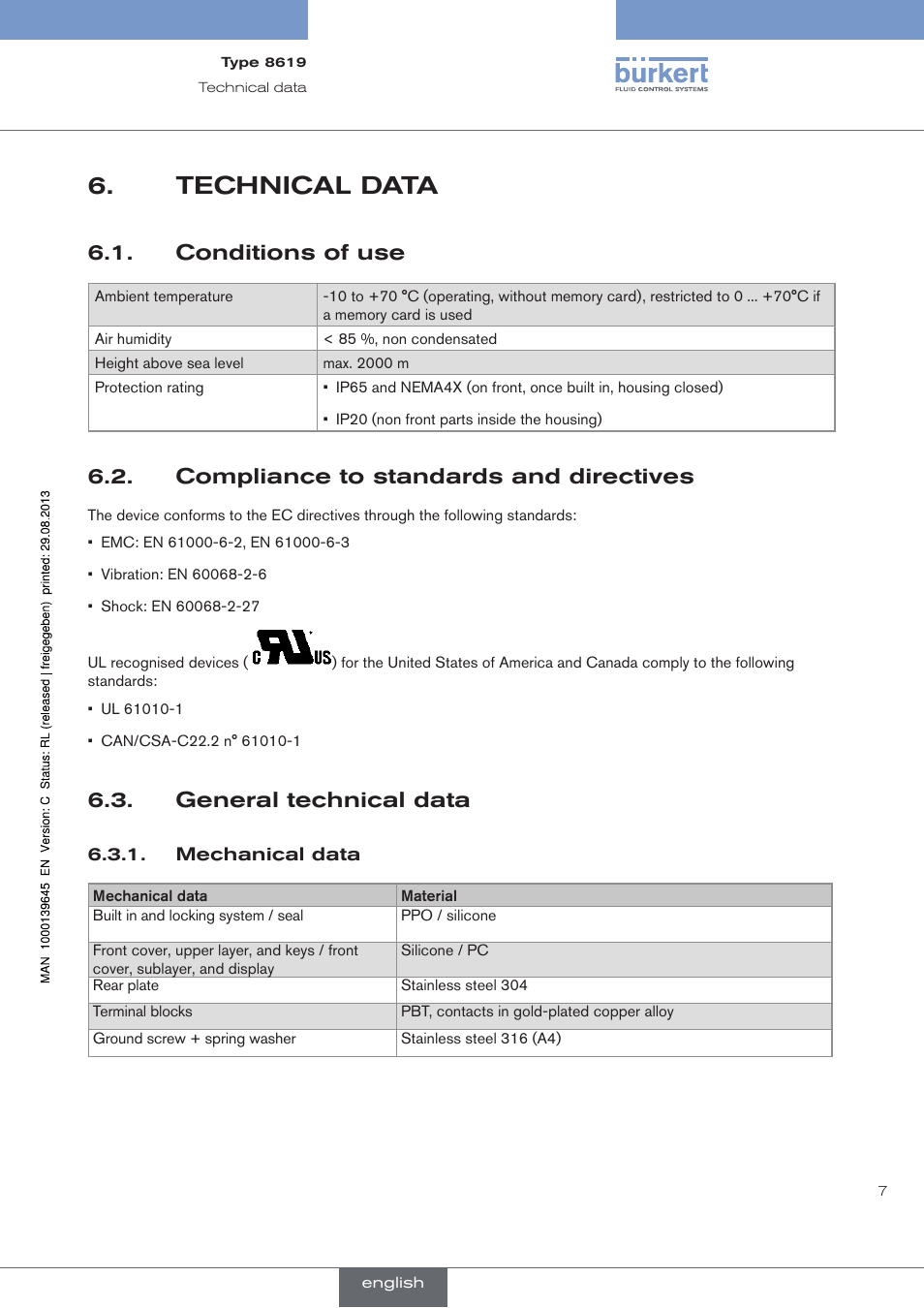 Technical data, Conditions of use, Compliance to standards and directives | General technical data | Burkert Type 8619 User Manual | Page 9 / 40