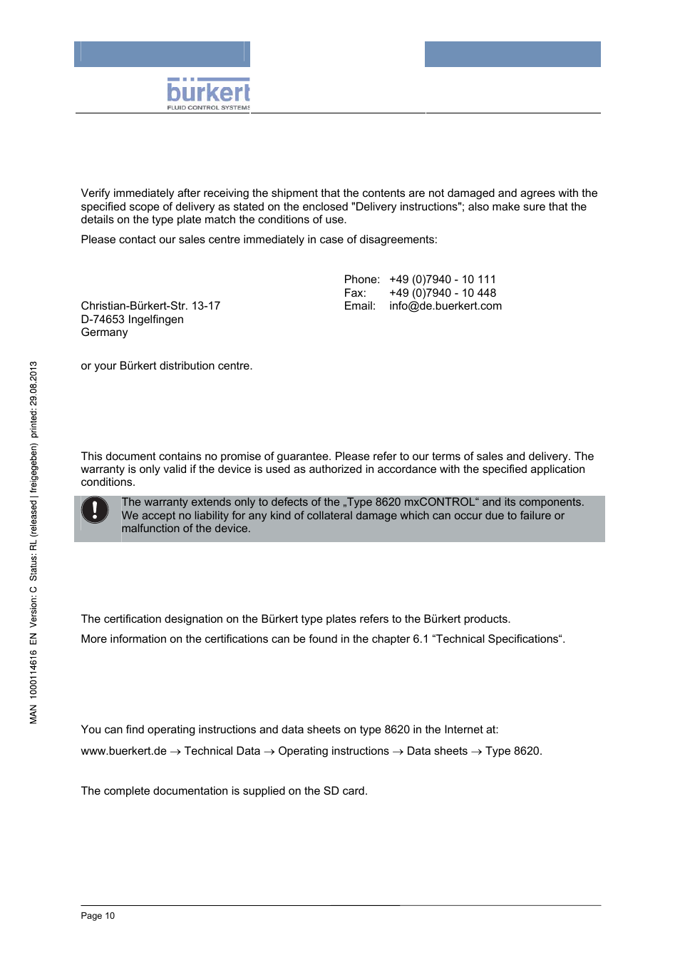 4 general information, 1 scope of delivery, 2 warranty regulations | 3 certifications, 4 information in the internet | Burkert Type 8620 User Manual | Page 10 / 177