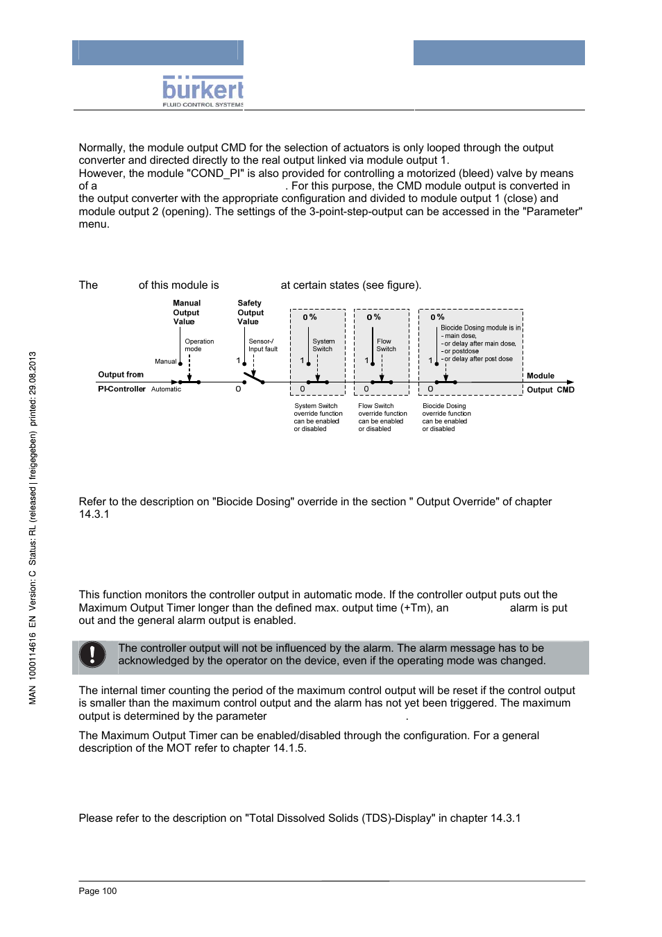 Output converter, Output override, Maximum output timer (mot) | Total dissolved solids (tds)-display | Burkert Type 8620 User Manual | Page 100 / 177