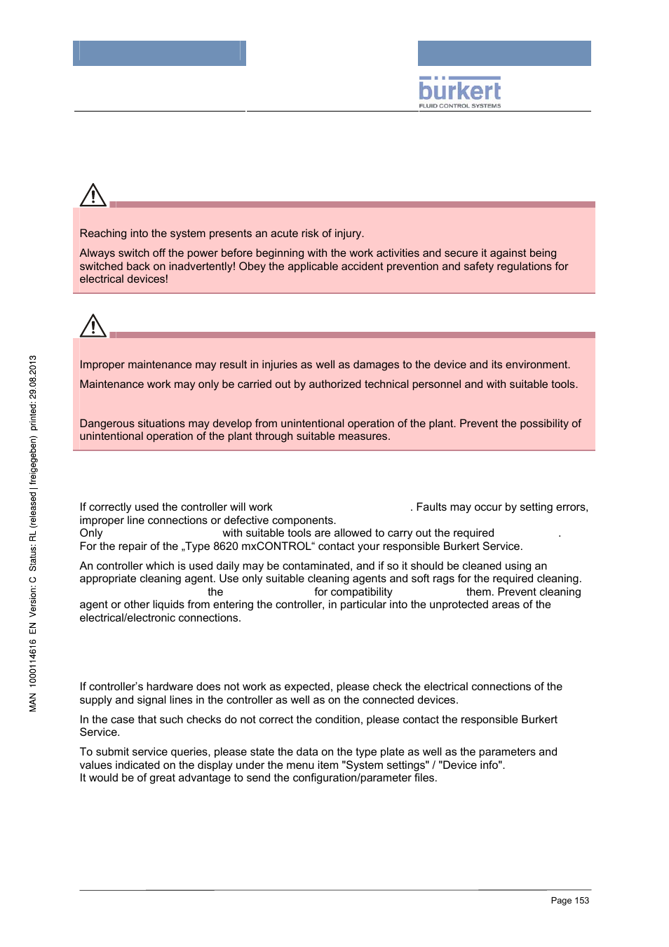 16 maintenance and troubleshooting, 1 safety notes, 2 maintenance work | 3 malfunctions | Burkert Type 8620 User Manual | Page 153 / 177