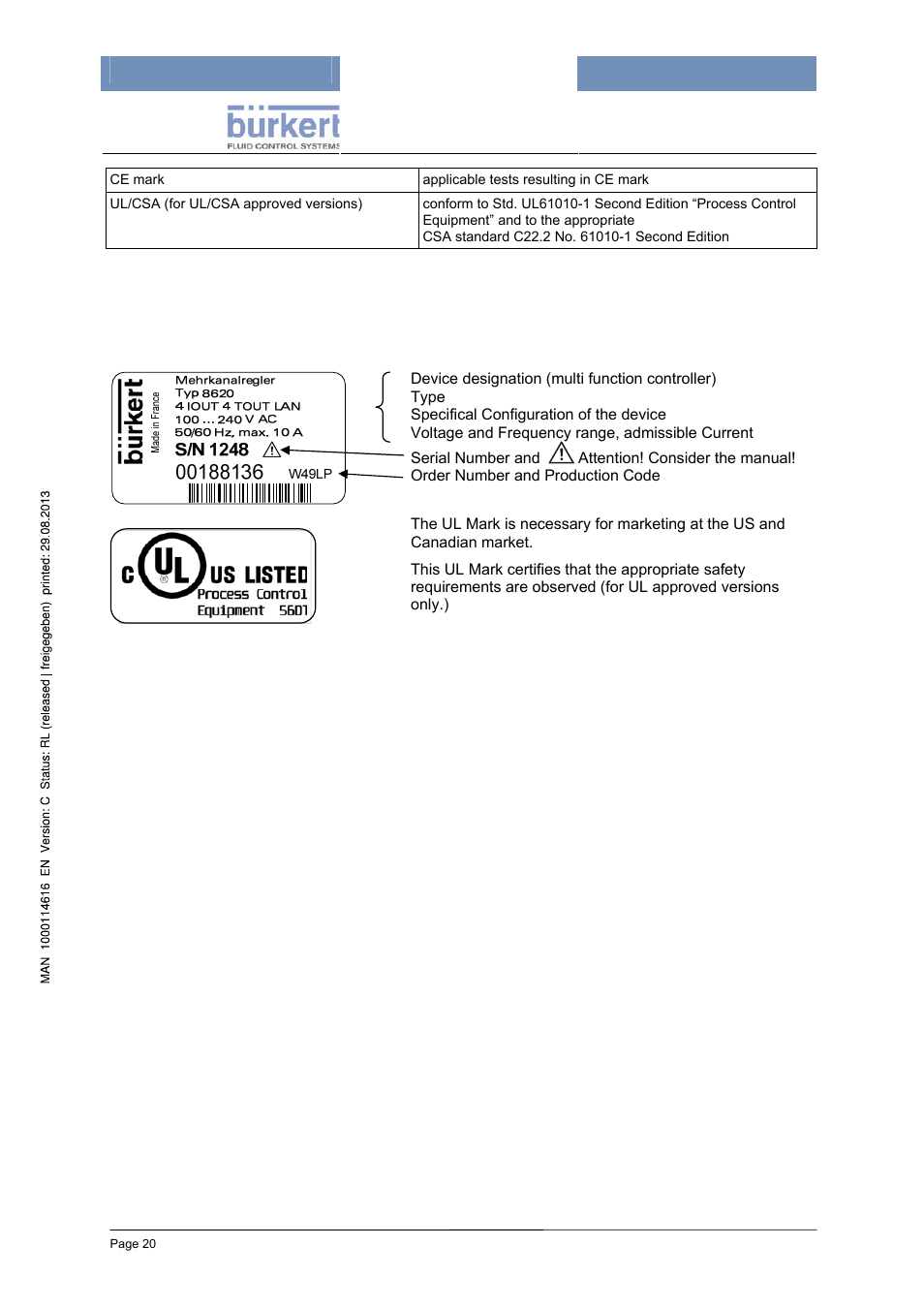 2 type plate – example | Burkert Type 8620 User Manual | Page 20 / 177