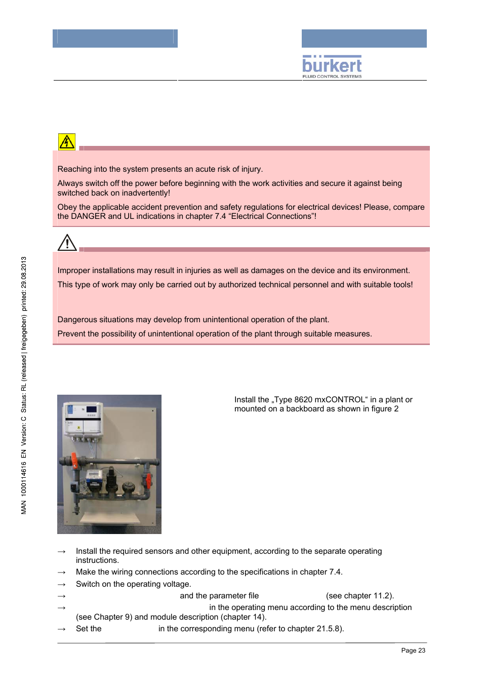 7 installation, 1 safety notes, 2 quick start guide | Burkert Type 8620 User Manual | Page 23 / 177